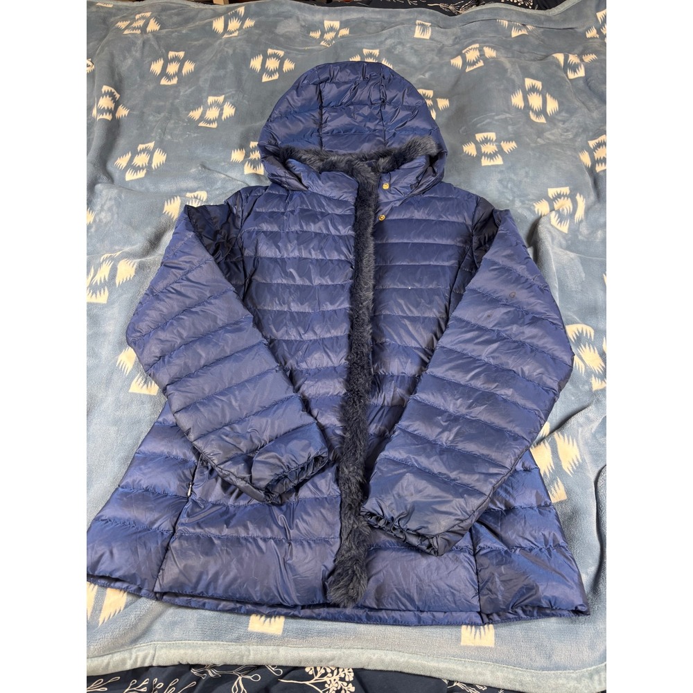 Cole Haan Signature Navy Blue Faux Fur Trim Hooded Down Puffer Jacket Womens M